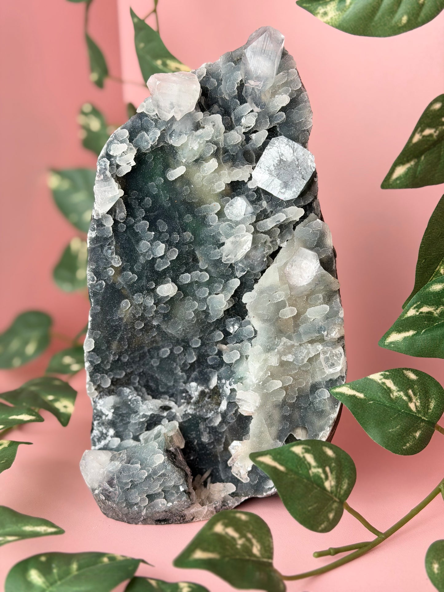 Chalcedony on a stand with Apophyllite 25c
