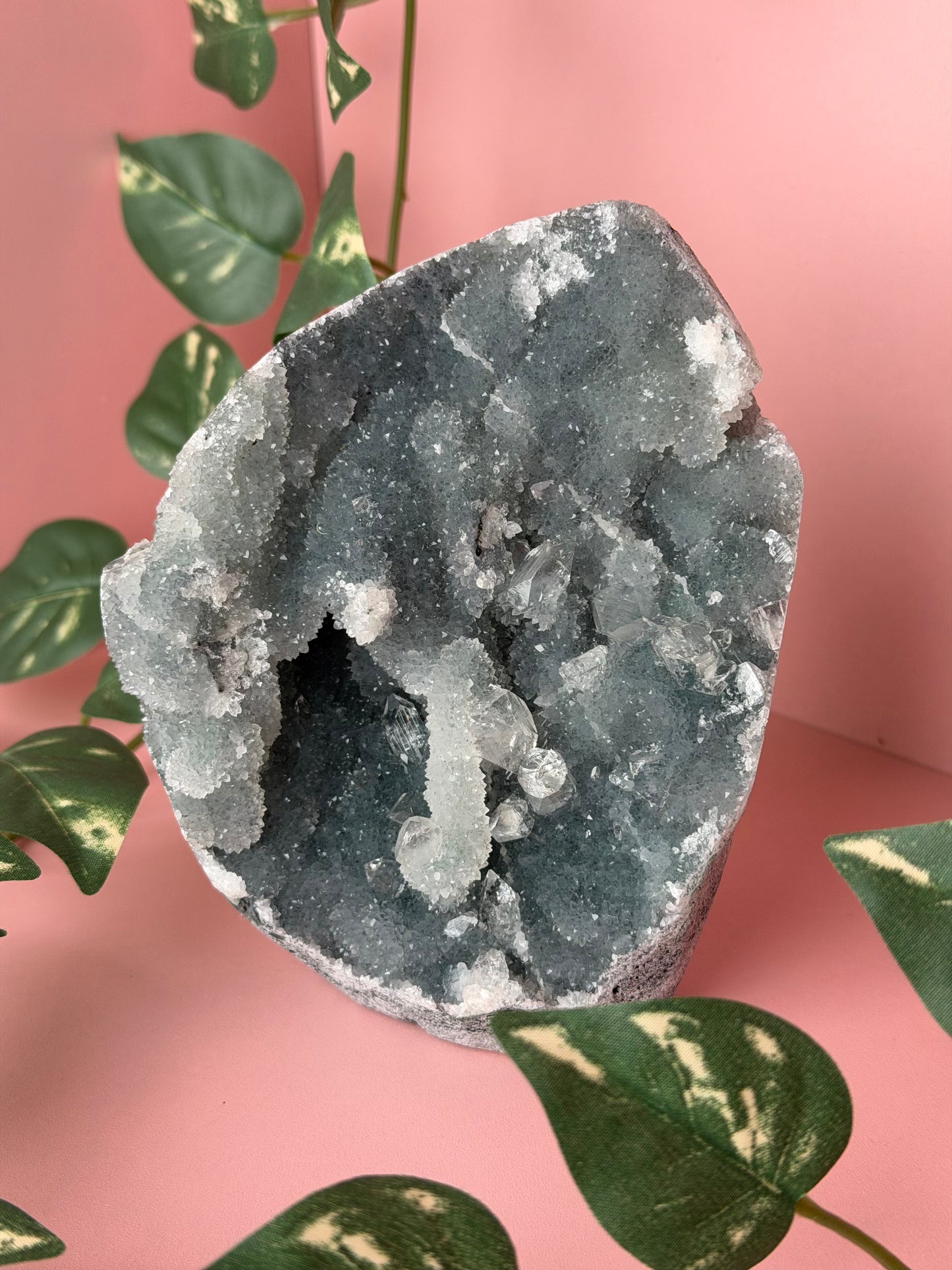 Chalcedony on a stand with Apophyllite 10c