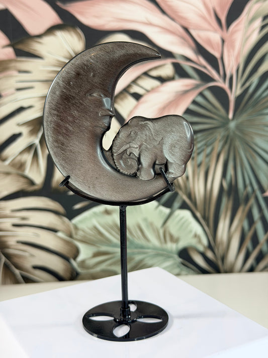 Silberner Obsidian Elefant mit Mond auf Sockel 1