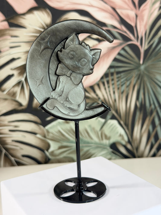 Silber Obsidian Katze mit Mond auf Ständer 2